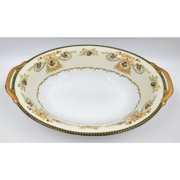 P.B. Japan Charm 11" Oval Serving Bowl Floral Scroll Gold Green Trim 1950s - Picture 4 of 9